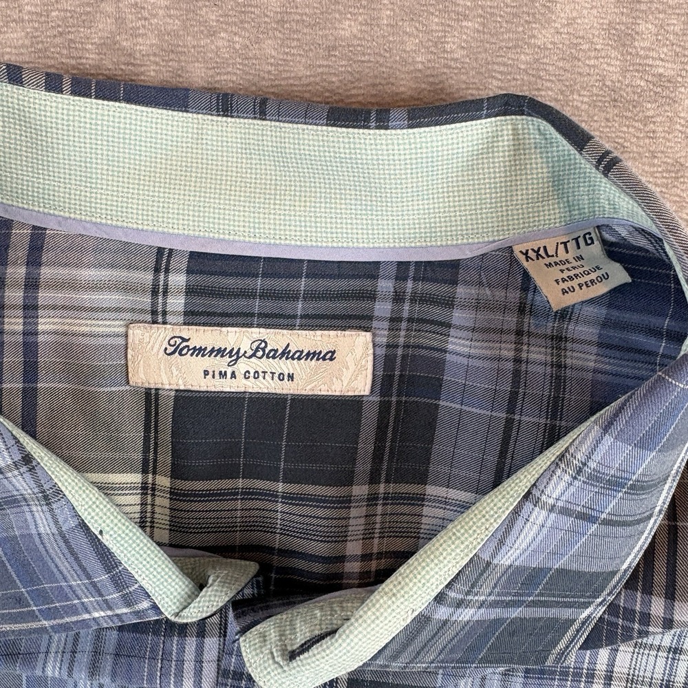 Tommy Bahama Button Up Mens 2XL Blue Zacero Plaid Pima Cotton Hawaiian Preppy - Picture 2 of 7